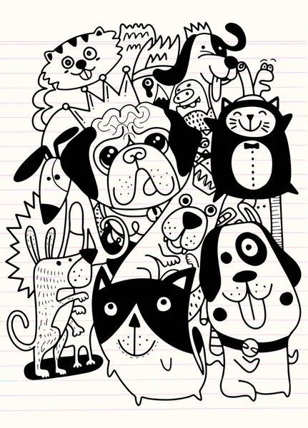 Animales Perros Vector Fondo Mascotas Doodles Dibujadas Mano Lindos Gatos — Vector de stock