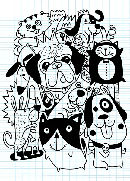 狗向量背景 手工画的涂鸦宠物 可爱的猫和狗 矢量插图 — 图库矢量图片