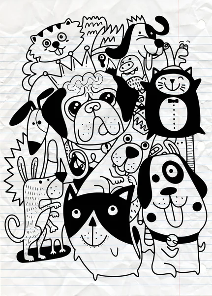 Binatang Latar Belakang Dogs Vector Hand Drawn Doodles Pets Cute - Stok Vektor