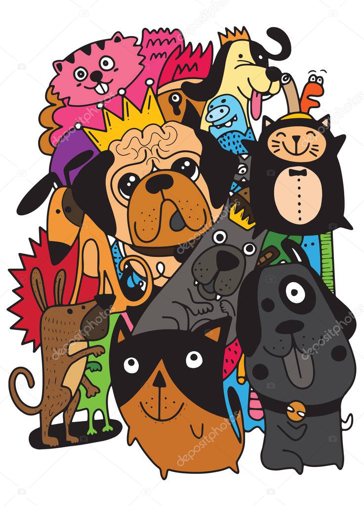 Animals. Dogs Vector background. Hand Drawn Doodles Pets. Cute Cats and Dogs ,vector illustration