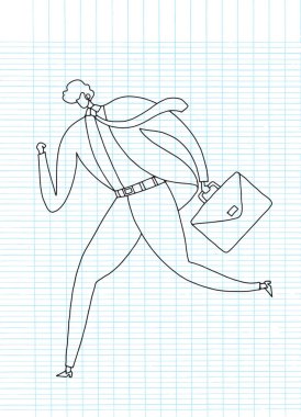 Bir iş adamı başarı için çalışır. Evrak çantası, iş, enerjik, dinamik kavramı ile çalışan bir işadamı çizimi