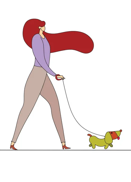 Menina Andando Com Cão Ilustração Vetorial Estilo Plano — Vetor de Stock