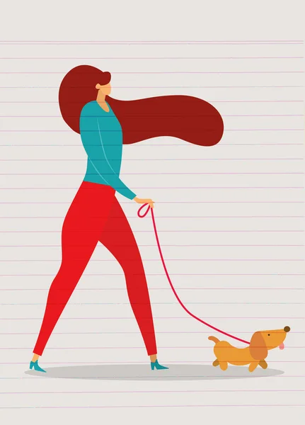 Girl Walking Dog Vector Illustration Flat Style — Stock Vector