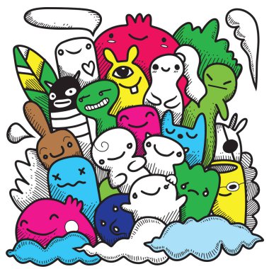 Doodle sevimli canavar arka plan, el çizimi Doodle vektör çizim