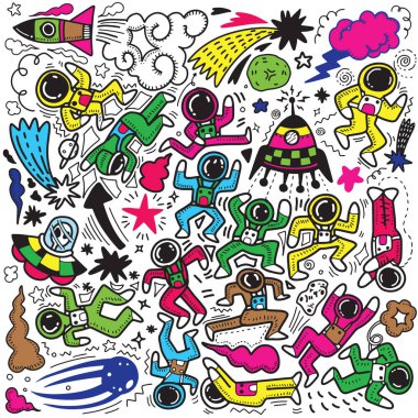 Şirin komik astronotlar uzayda, gezegenler, yıldızlar, izole nesneleri arka plan üzerinde büyük kümesi. Vektör çizim. İskandinav tarzı düz tasarım. Çocuklar baskı için kavramı.