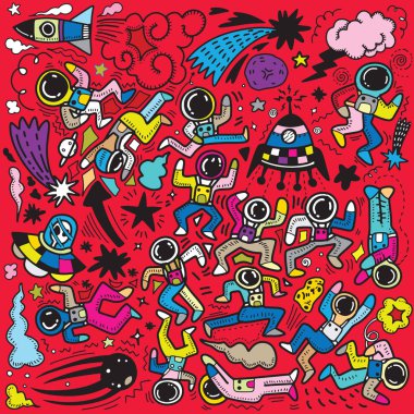 Şirin komik astronotlar uzayda, gezegenler, yıldızlar, izole nesneleri arka plan üzerinde büyük kümesi. Vektör çizim. İskandinav tarzı düz tasarım. Çocuklar baskı için kavramı.