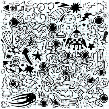 Şirin komik astronotlar uzayda, gezegenler, yıldızlar, izole nesneleri arka plan üzerinde büyük kümesi. Vektör çizim. İskandinav tarzı düz tasarım. Çocuklar baskı için kavramı.