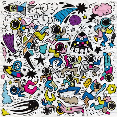 Şirin komik astronotlar uzayda, gezegenler, yıldızlar, izole nesneleri arka plan üzerinde büyük kümesi. Vektör çizim. İskandinav tarzı düz tasarım. Çocuklar baskı için kavramı.