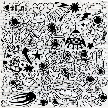 Şirin komik astronotlar uzayda, gezegenler, yıldızlar, izole nesneleri arka plan üzerinde büyük kümesi. Vektör çizim. İskandinav tarzı düz tasarım. Çocuklar baskı için kavramı.