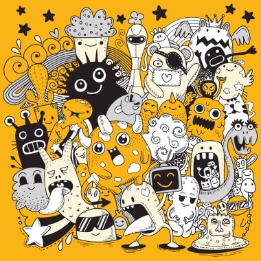 Doodle sevimli canavar arka plan, el çizimi Doodle vektör çizim