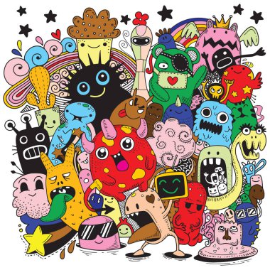 Doodle sevimli canavar arka plan, el çizimi Doodle vektör çizim