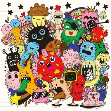 Doodle sevimli canavar arka plan, el çizimi Doodle vektör çizim