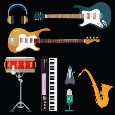 Gitar, synthesizer piyano ve davul İstasyonu vektör simgeler. Dize, Rüzgar ve anahtar izole ARP, sax veya saksofon, orkestra veya jazz müzik için müzik aletleri