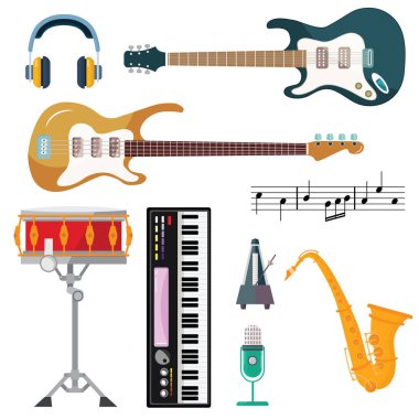 Gitar, synthesizer piyano ve davul İstasyonu vektör simgeler. Dize, Rüzgar ve anahtar izole ARP, sax veya saksofon, orkestra veya jazz müzik için müzik aletleri