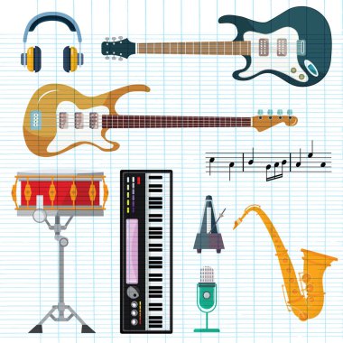 Gitar, synthesizer piyano ve davul İstasyonu vektör simgeler. Dize, Rüzgar ve anahtar izole ARP, sax veya saksofon, orkestra veya jazz müzik için müzik aletleri