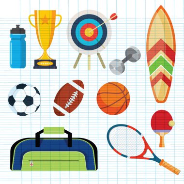 Düz tasarım spor konsepti. Spor ekipmanları arka plan. Düz nesneleri kümesi, simgeler, eğlence ve boş zaman