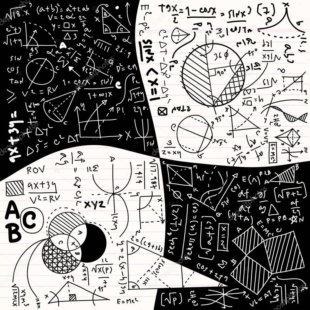 Physical formulas and phenomenon. hand-drawn illustration. science board with math. physics education at school