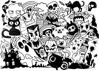 Mutlu Cadılar Bayramı Magic koleksiyonu, cadı, Sihirbazı öznitelikleri, korkunç ve ürkütücü öğeler için halloween süslemeleri, elle çizilmiş vektör çizim.