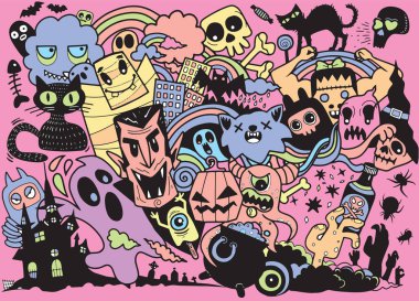 Mutlu Cadılar Bayramı Magic koleksiyonu, cadı, Sihirbazı öznitelikleri, korkunç ve ürkütücü öğeler için halloween süslemeleri, elle çizilmiş vektör çizim.