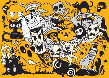 Mutlu Cadılar Bayramı Magic koleksiyonu, cadı, Sihirbazı öznitelikleri, korkunç ve ürkütücü öğeler için halloween süslemeleri, elle çizilmiş vektör çizim.