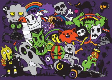 Mutlu Cadılar Bayramı Magic koleksiyonu, cadı, Sihirbazı öznitelikleri, korkunç ve ürkütücü öğeler için halloween süslemeleri, elle çizilmiş vektör çizim.