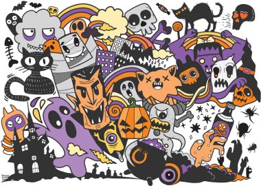 Mutlu Cadılar Bayramı Magic koleksiyonu, cadı, Sihirbazı öznitelikleri, korkunç ve ürkütücü öğeler için halloween süslemeleri, elle çizilmiş vektör çizim.