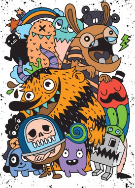 Sevimli korkunç Halloween canavar ve şeker, dizi komik sevimli canavarlar, yabancılar veya fantezi hayvanlar çocuklar için kitap veya t-shirt boyama. Hat sanatı karikatür vektör çizim el çekilmiş