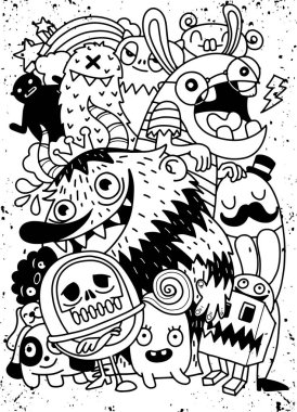 Sevimli korkunç Halloween canavar ve şeker, dizi komik sevimli canavarlar, yabancılar veya fantezi hayvanlar çocuklar için kitap veya t-shirt boyama. Hat sanatı karikatür vektör çizim el çekilmiş