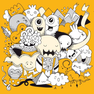 Doodle sevimli canavar arka plan, el çizimi Doodle vektör çizim