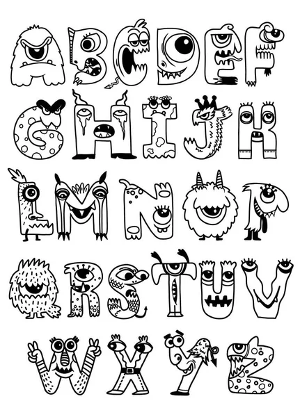 Halloween Alphabet Mit Lustigen Monster Figuren Monster Cartoon Schrift — Stockvektor