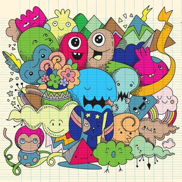 Ilustracja Wektorowa Doodle Cute Monster Tła Rysunek Doodle — Wektor stockowy