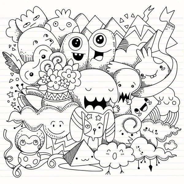 Ilustración Vectorial Doodle Lindo Monster Fondo Dibujo Mano Doodle — Vector de stock