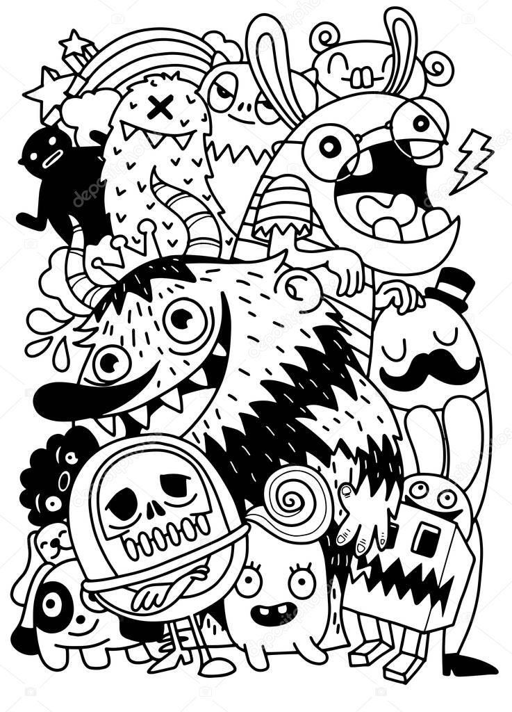 Cute Scary Halloween Monsters and Candy ,Set of funny cute monsters, aliens or fantasy animals for children coloring books or t-shirts. Hand drawn line art cartoon vector illustration