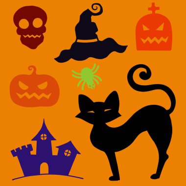 Elle çizilmiş Cadılar Bayramı dizi bir tabut, jack-o-fener, kafatası, kale, kedi ve örümcek vektör çizimler dokulu.