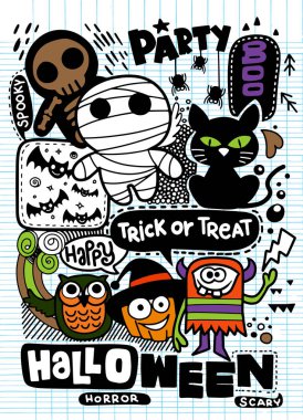 Cadılar Bayramı partisi davetiyesi kartı, Cute kabak, hayaletler, çocuklar ve diğer tatil sembolleri kawaii tarzı. Tasarım öğeleri için çocuk parti davetiyeleri, karalama defteri ve etc
