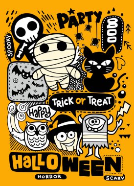 Cadılar Bayramı partisi davetiyesi kartı, Cute kabak, hayaletler, çocuklar ve diğer tatil sembolleri kawaii tarzı. Tasarım öğeleri için çocuk parti davetiyeleri, karalama defteri ve etc