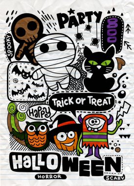 Cadılar Bayramı partisi davetiyesi kartı, Cute kabak, hayaletler, çocuklar ve diğer tatil sembolleri kawaii tarzı. Tasarım öğeleri için çocuk parti davetiyeleri, karalama defteri ve etc