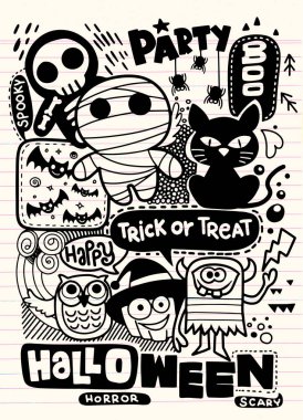 Cadılar Bayramı partisi davetiyesi kartı, Cute kabak, hayaletler, çocuklar ve diğer tatil sembolleri kawaii tarzı. Tasarım öğeleri için çocuk parti davetiyeleri, karalama defteri ve etc