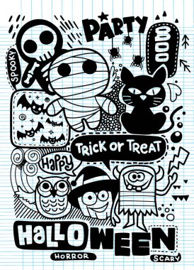 Cadılar Bayramı partisi davetiyesi kartı, Cute kabak, hayaletler, çocuklar ve diğer tatil sembolleri kawaii tarzı. Tasarım öğeleri için çocuk parti davetiyeleri, karalama defteri ve etc