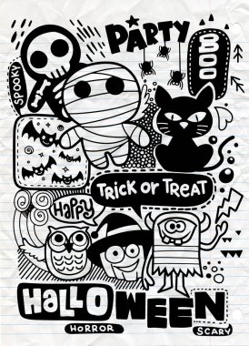 Cadılar Bayramı partisi davetiyesi kartı, Cute kabak, hayaletler, çocuklar ve diğer tatil sembolleri kawaii tarzı. Tasarım öğeleri için çocuk parti davetiyeleri, karalama defteri ve etc