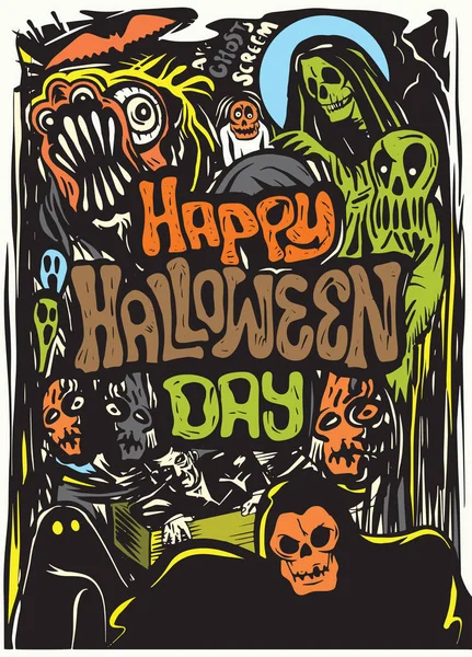 Buon Halloween Poster Halloween Disegnato Mano Carta Sfondo Illustrazioni Vettoriali — Vettoriale Stock