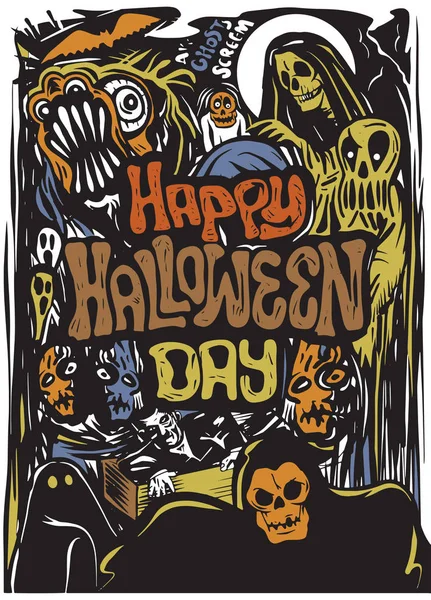 Happy Halloween Day Hand Drawn Halloween Poster Card Background Векторные — стоковый вектор