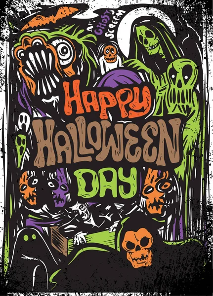 Fröhlicher Halloween Tag Handgezeichnetes Halloween Poster Karte Hintergrund Vektorillustrationen — Stockvektor