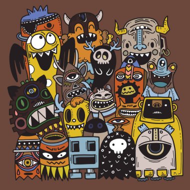 Doodle sevimli canavar arka plan, el çizimi Doodle vektör çizim