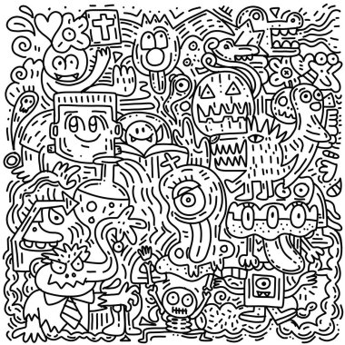 Cadılar Bayramı Balkabağı, kedi, yarasa, hayalet, kafatası, desenle, elle çizilmiş vb