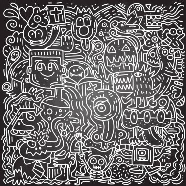 Cadılar Bayramı Balkabağı, kedi, yarasa, hayalet, kafatası, desenle, elle çizilmiş vb