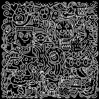 Cadılar Bayramı Balkabağı, kedi, yarasa, hayalet, kafatası, desenle, elle çizilmiş vb