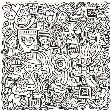 Cadılar Bayramı Balkabağı, kedi, yarasa, hayalet, kafatası, desenle, elle çizilmiş vb