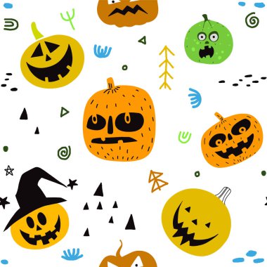 Şirin halloween balkabağı. Arka plan üzerinde izole. Düz stil vektör çizim. , Sorunsuz bilmece