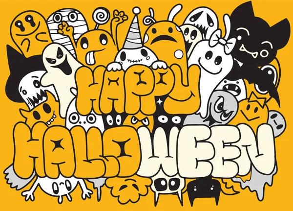 Boldog Halloween Meg Vicces Aranyos Szörnyek Földönkívüliek Vagy Fantasy Állatokkal — Stock Vector